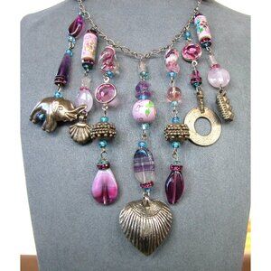 Eclectic Multicolor Beaded Necklace With Charms & Pendants Includes Elephant & H